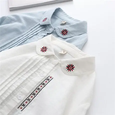 韩版文艺绣花白衬衫女春秋新款百搭休闲长袖娃娃领宽松纯棉衬衣商品大图