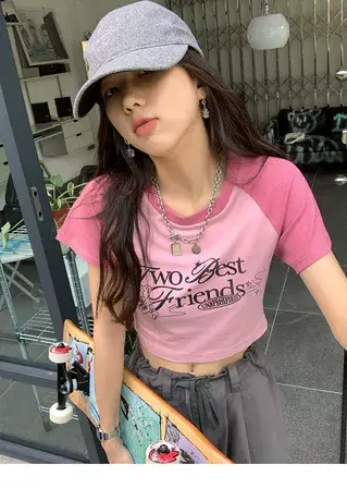 美式复古印花正肩短袖t恤女ins潮夏季设计感露脐甜酷辣妹短款上衣商品大图