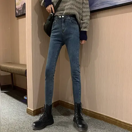 秋季韩版2023新款高腰紧身显瘦小脚铅笔裤九分牛仔裤女装深色裤子商品大图