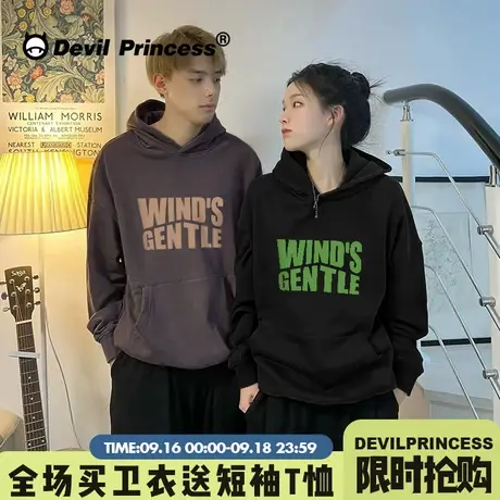 oversize高街复古风连帽情侣卫衣女2023新款春秋薄款长袖韩版上衣商品大图