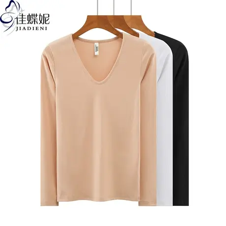 春秋新款韩版纯棉修身显瘦圆领纯色简约百搭长袖体恤上衣女装T恤商品大图