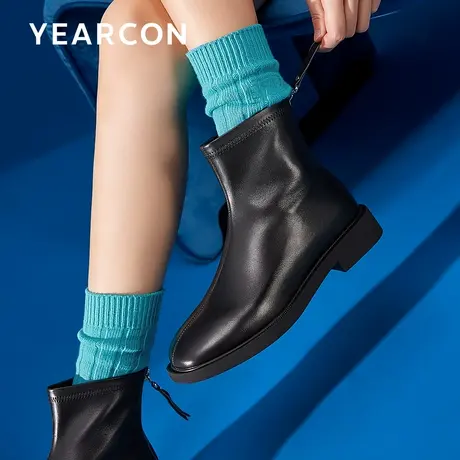 意尔康真皮时装靴秋冬薄款中筒单靴法式小踝靴平底瘦瘦短靴马丁靴商品大图
