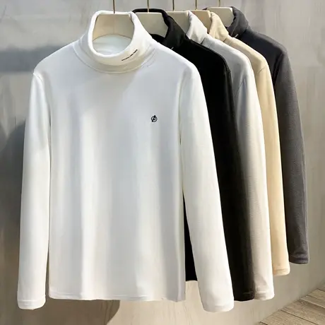 秋冬季长袖t恤男潮牌双面加绒半高领内搭打底衫男士秋装厚款卫衣商品大图