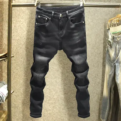 男装黑色牛仔裤男修身小脚弹力裤子2023秋季新款个性后袋烫钻长裤商品大图