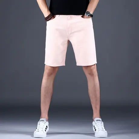 2023春秋男士新款牛仔短裤春秋浅粉色宽松直筒中裤棉弹男款男潮牌商品大图