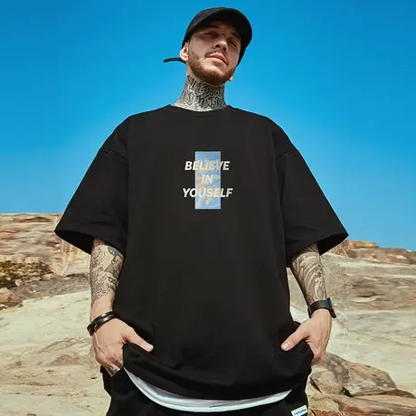 oversize短袖t恤简约男加肥加大五分袖纯棉ins大码男装半袖夏季图片