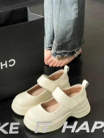 法式厚底玛丽珍鞋女2023夏季新款小众设计小个子浅口一字扣小皮鞋商品大图