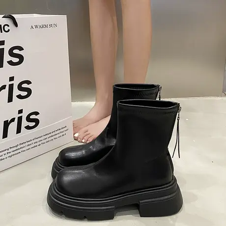 松糕厚底马丁靴女2023新款春秋女靴子弹力小踝靴英伦风切尔西短靴图片