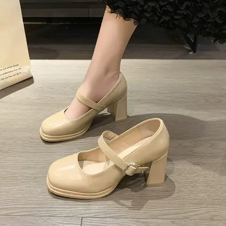 单鞋女2023年夏季新款时尚复古小皮鞋粗跟高跟小个子韩式玛丽珍鞋商品大图