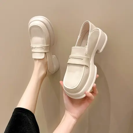 复古英伦风春秋法式小皮鞋女2023新款圆头百搭厚底增高乐福单鞋子商品大图