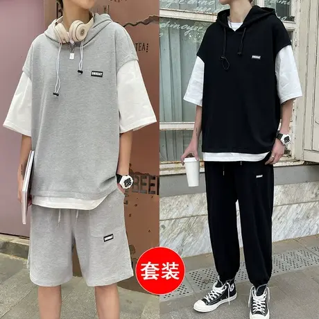 夏季休闲套装薄款假两件短袖t恤男潮牌宽松灰色港风帅气一套搭配图片