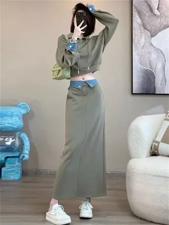 大码胖mm春秋季休闲时尚韩版套装女连帽卫衣半身裙子两件套200斤商品大图