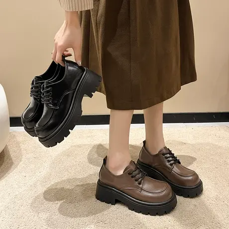 棕色乐福鞋女款2024春季新款英伦风厚底增高百搭休闲系带小皮鞋图片