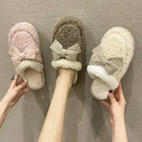 棉拖鞋女秋冬季可爱少女心蝴蝶结保暖毛毛绒拖鞋居家用防滑月子鞋商品大图