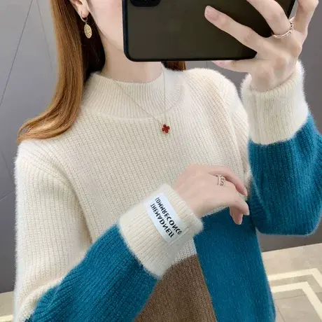 软糯风毛衣女宽松加厚秋冬2023新款百搭拼色水貂绒针织上衣打底衫图片