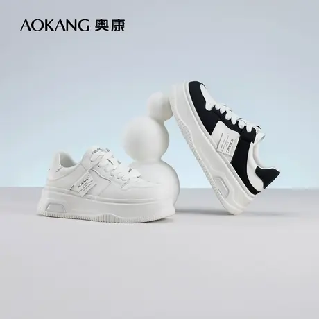 奥康女鞋 春秋季新款休闲板鞋厚底增高面包鞋系带小白鞋熊猫鞋图片