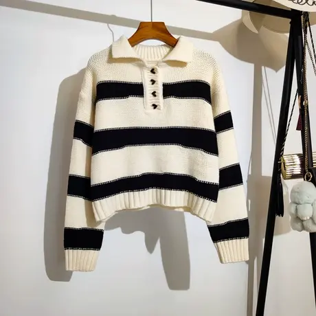 Polo领条纹毛衣女宽松套头秋冬新款学院风时尚气质针织衫上衣外穿商品大图