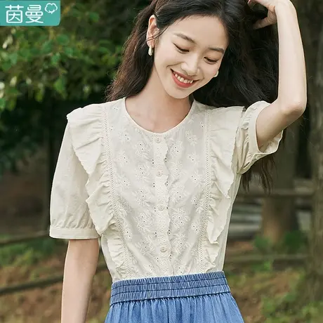 茵曼复古重工小飞袖衬衣女2023年夏季新款设计感圆领短袖衬衫上衣图片