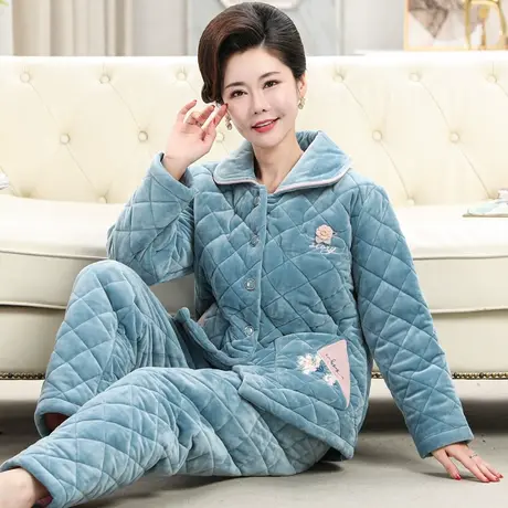 睡衣女冬季三层加厚加绒珊瑚绒夹棉保暖中老年妈妈大码家居服套装商品大图