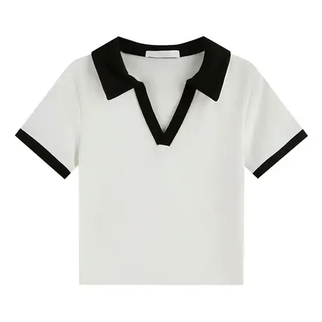 v领短袖t恤女独特别致夏季2023年新款polo衫美式小众正肩短款上衣商品大图