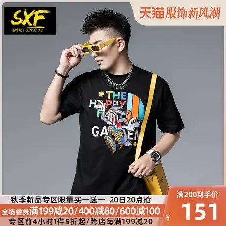 SXF圣希梵男士短袖新款潮牌美式卡通刺绣上衣情侣装体恤纯棉T恤男商品大图