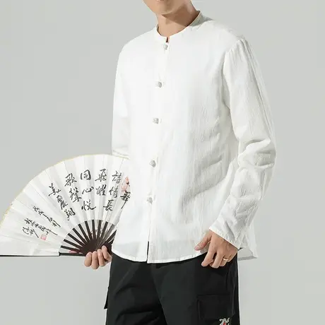 秋季男长袖衬衫简约纯色立领上衣纯棉中国风盘扣衣服大码白色男装商品大图