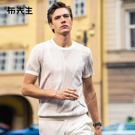 MrBu布先生几何艺术拼接针织t恤男2025春夏时尚圆领男短袖ET15132商品大图