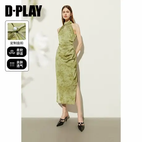 DPLAY夏季新中式绿色缎面提花鱼尾国风旗袍连衣裙长裙女图片