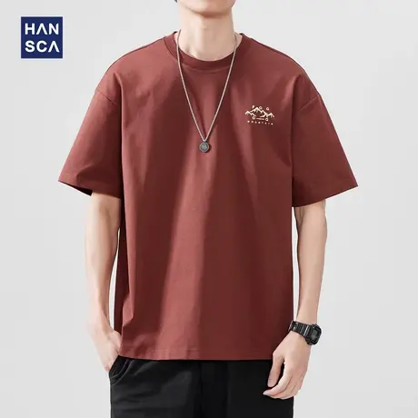 hansca 245g重磅短袖T恤男款2025夏季宽松复古时尚印花酒红色上衣商品大图