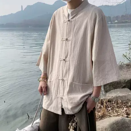 夏季新款中国风棉麻短袖衬衫男装中式亚麻唐装汉服盘扣五分袖上衣商品大图