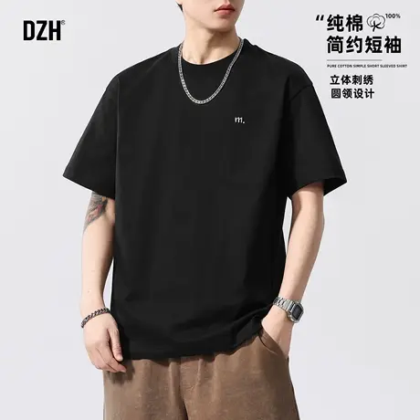 男士黑色纯棉圆领短袖T恤男美式高街2025新款设计感运动上衣潮牌商品大图
