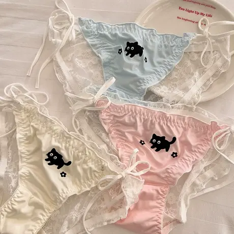 甜恋爱猫~冰丝女士内裤夏季薄款卡通可爱蕾丝纯欲女生系带三角裤图片