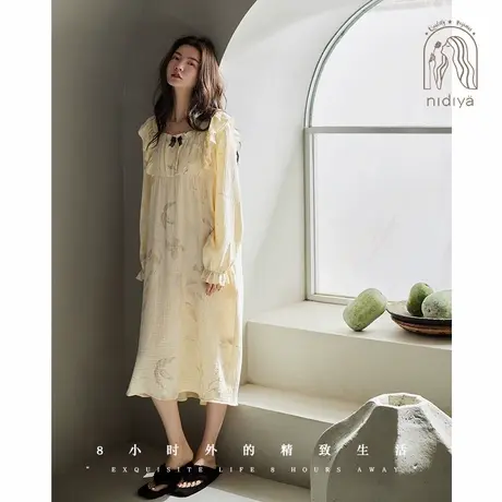 妮狄娅【带胸垫】睡衣睡裙女秋季纯棉纱布长裙甜美少女花卉家居服商品大图
