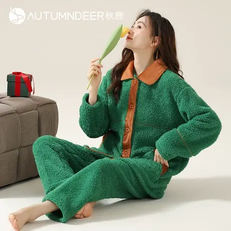 秋鹿珊瑚绒冬天睡衣女2025年新款米粒绒加厚开衫家居服可外穿女款商品大图