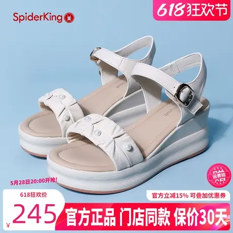 蜘蛛王女鞋夏季真皮坡跟女凉鞋厚底时尚简约百搭一字带羊皮高跟鞋商品大图