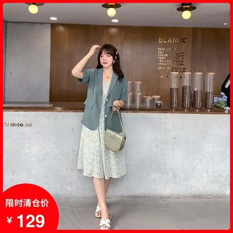 2023夏季新款休闲宽松百搭绿色显瘦大码胖MM短袖西装外套女薄款图片