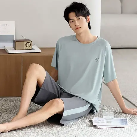 洁丽雅睡衣男款2025新款春夏季短袖纯色大码休闲可外穿家居服套装商品大图