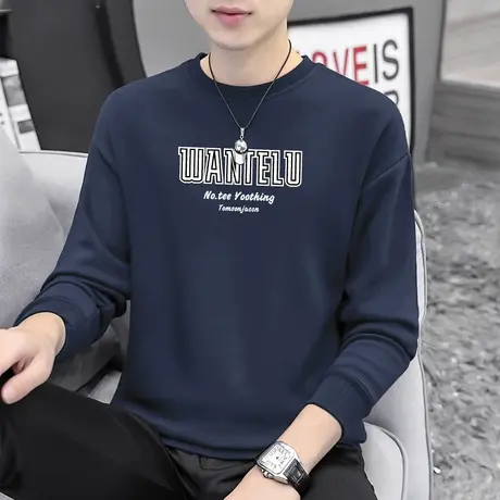 男士卫衣加绒加厚圆领无帽上衣潮牌潮流宽松字母印花秋装长袖t恤商品大图