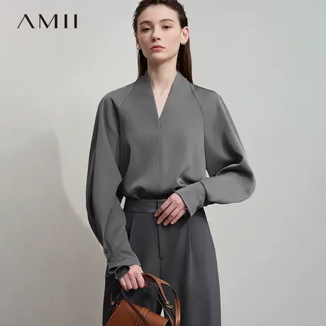 Amii2025秋新款优雅通勤风V领插肩袖雪纺衫女宽松收褶垂感上衣图片