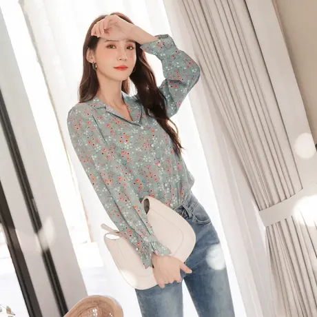 桔熊春秋季韩版通勤碎花印花西装领荷叶袖上衣衬衫女大码AB16485图片