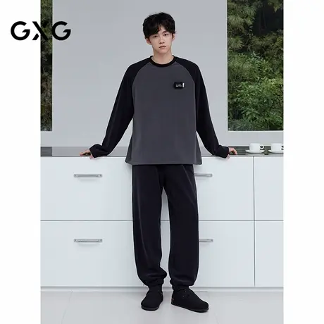 GXG男士家居服 黑灰撞色绒感长袖套头睡衣柔软舒适简约睡衣套装商品大图