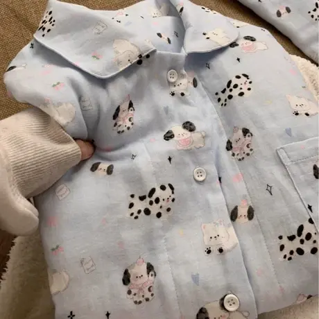 新品！糯米狗狗A类全棉双层纱小翻领长袖长裤睡衣套装家居服商品大图