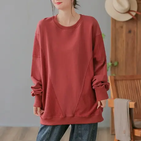 dza 复古圆领套头拼接休闲卫衣女士春秋新款宽松显瘦长袖上衣外套图片