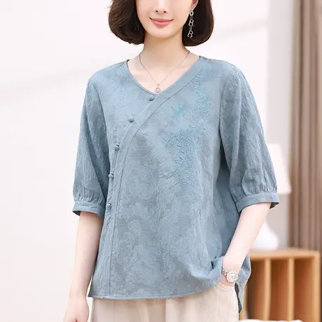 中年妈妈夏装棉麻短袖T恤女宽松加大码女装纯棉洋气V领半袖上衣衫商品大图