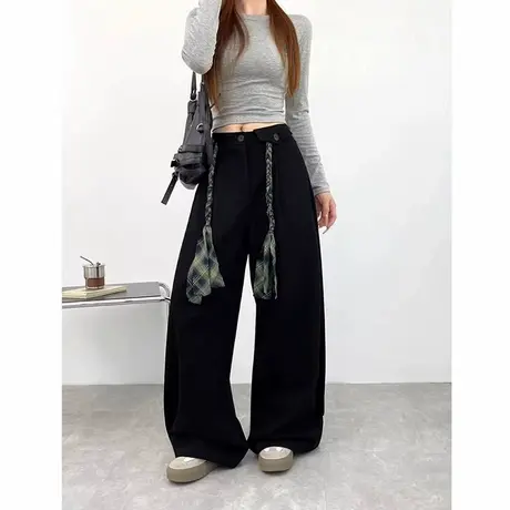 SOINKU花绳设计感垂感休闲美式复古阔腿裤女直筒长裤子早秋宽松韩商品大图