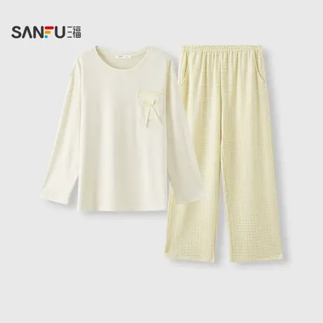 三福女冬季蝴蝶结阳离子针织睡衣套装 简约长袖家居服507842商品大图