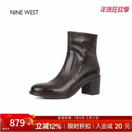奥莱专供Nine West/玖熙英伦风复古圆头时装靴高跟短靴粗跟靴子女商品大图