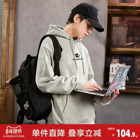 唐狮春秋季新款连帽卫衣男士美式刺绣青少年帽衫外套潮休闲净色商品大图