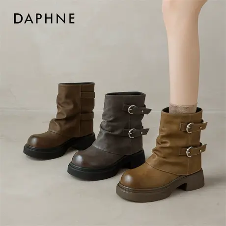 达芙妮加绒短靴女款2025冬季新款美拉德保暖堆堆靴棕色厚底马丁靴图片