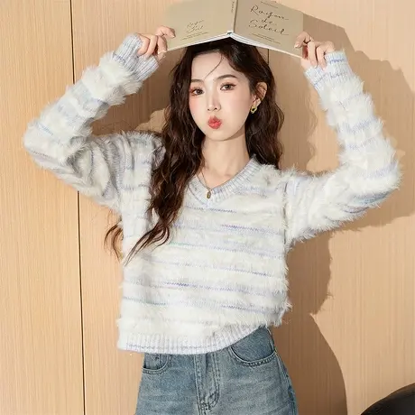 唐狮秋冬季女毛衣温柔风新式花纱V领套头毛茸茸短款可爱毛线衫tu图片